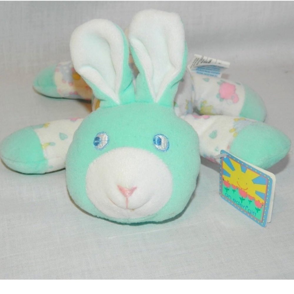 VTG Eden Teal Blue Velour Bunny Rabbit Plush Laying 7" Stuffed Lovey Wearing Pjs